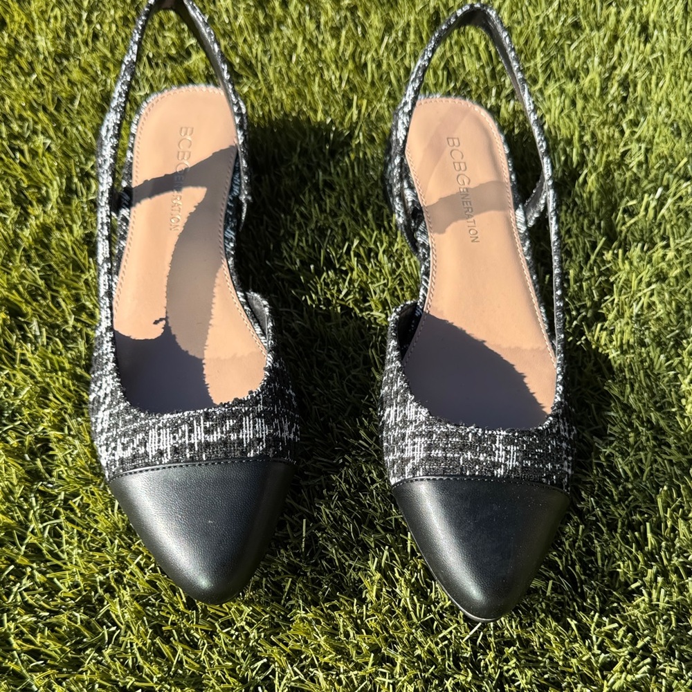 BCBGeneration Black and White Tweed Slingback Heels - Picture 13 of 15